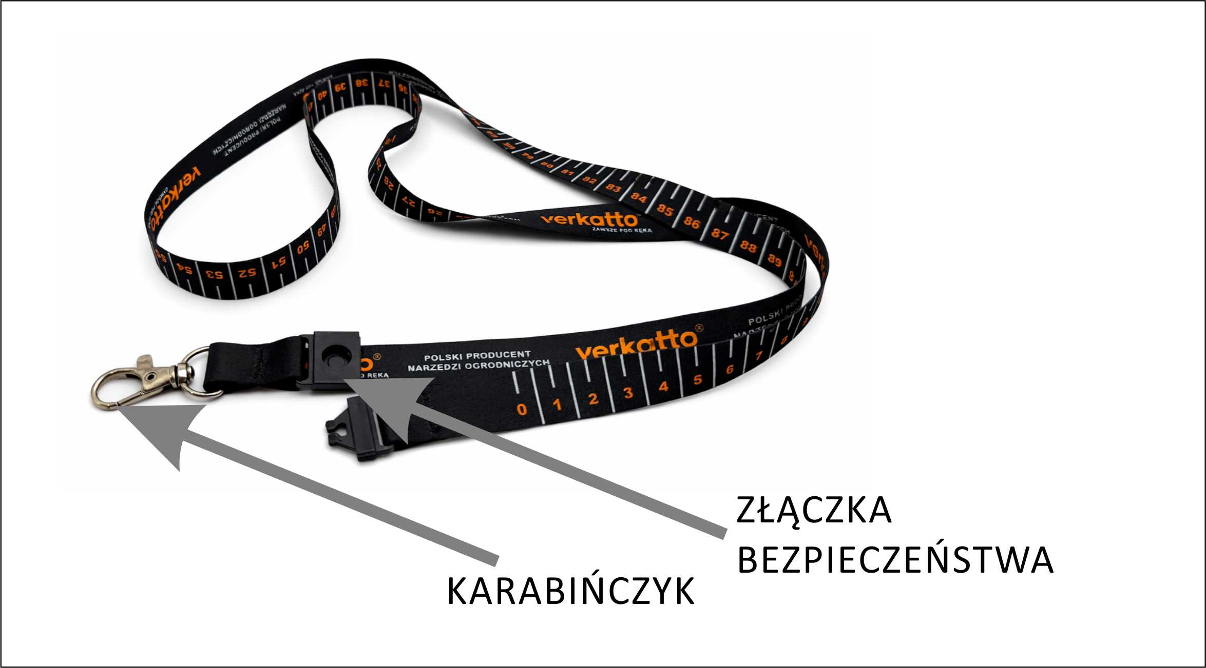 Smycz z logo i z miarką i złączka bezpieczeństwa